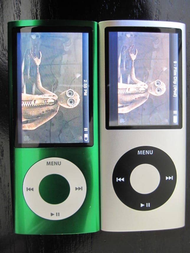 Photo of 4th-generation and 5th-generation iPod Nanos sitting next to each other.