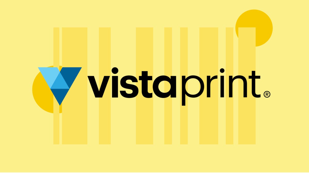 The VistaPrint logo is displayed against a yellow background.
