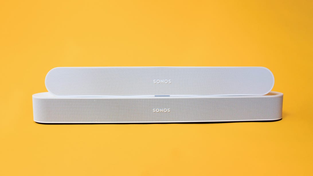 The Sonos Ray soundbar sits on top of the Sonos Beam