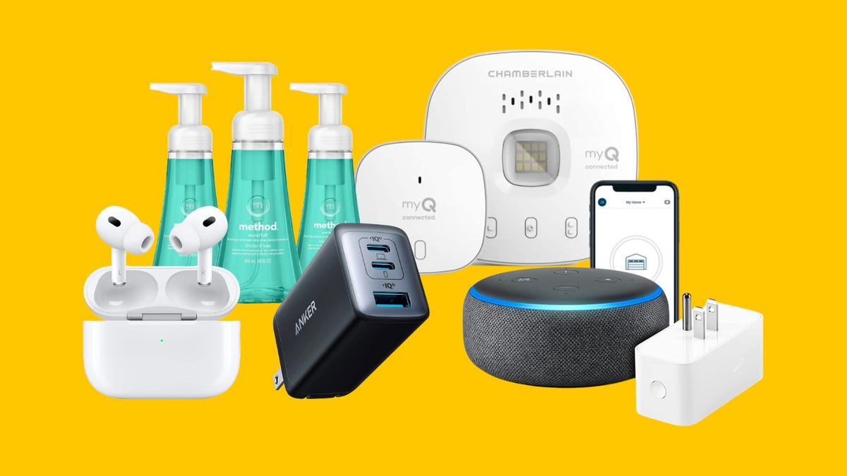 Collage of products featuring AirPods Pro, Anker charger, Method hand soap, Chamberlain MyQ and Amazon Echo Dot