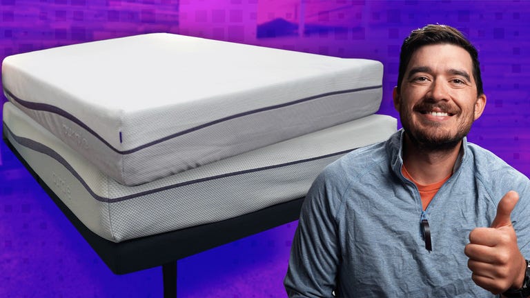 The Purple mattress and Purple Plus mattress against a colorful background with a man in a blue shirt the front.