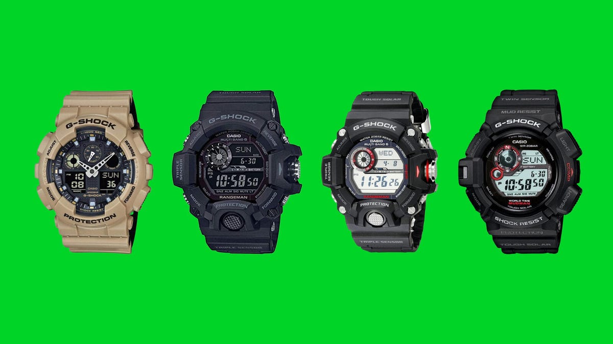 Four Casio G-Shock watch models are displayed against a green background.