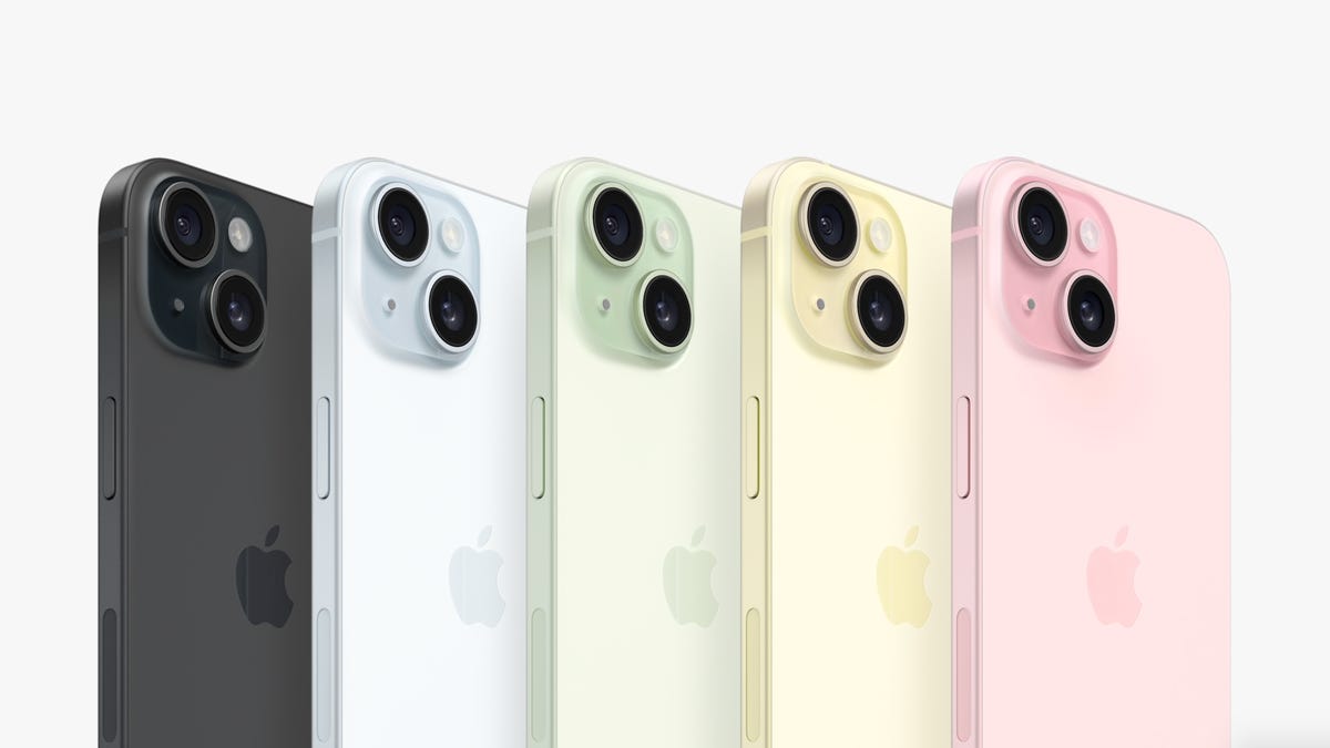 iPhone 15 in pink, yellow, green, blue and black. 