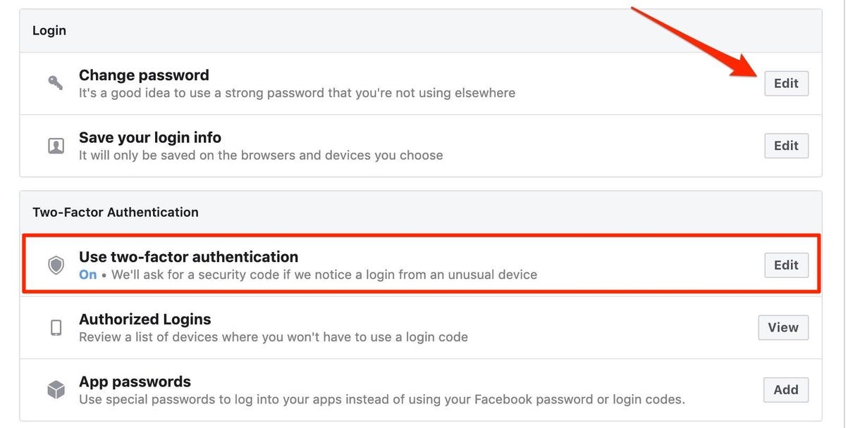 "Use two-factor authentication" highlighted on an options screen