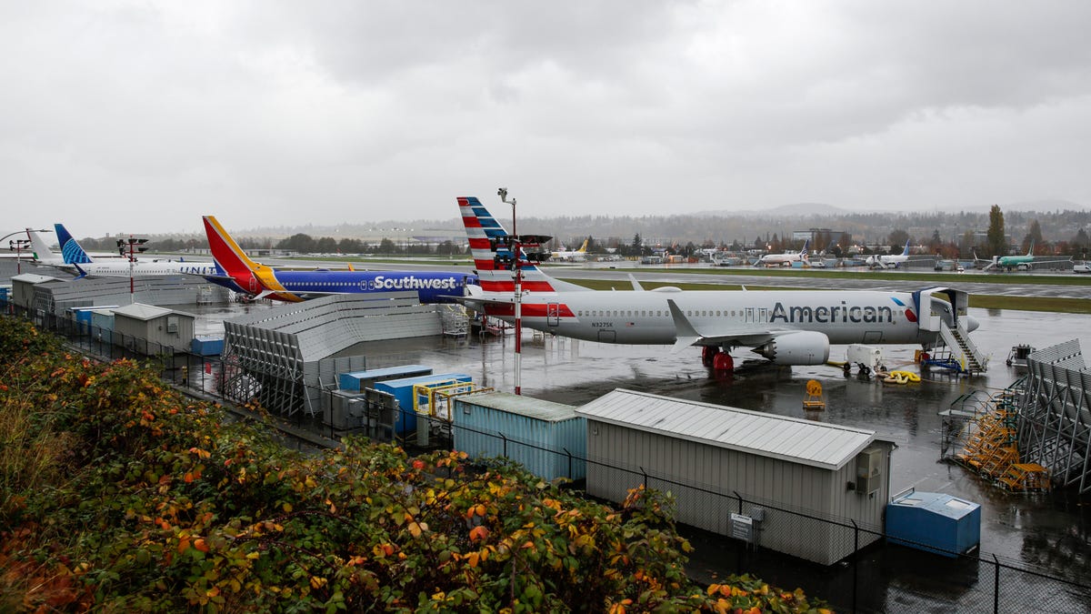 737 Max aircraft painted in American, Southwest and United liveries