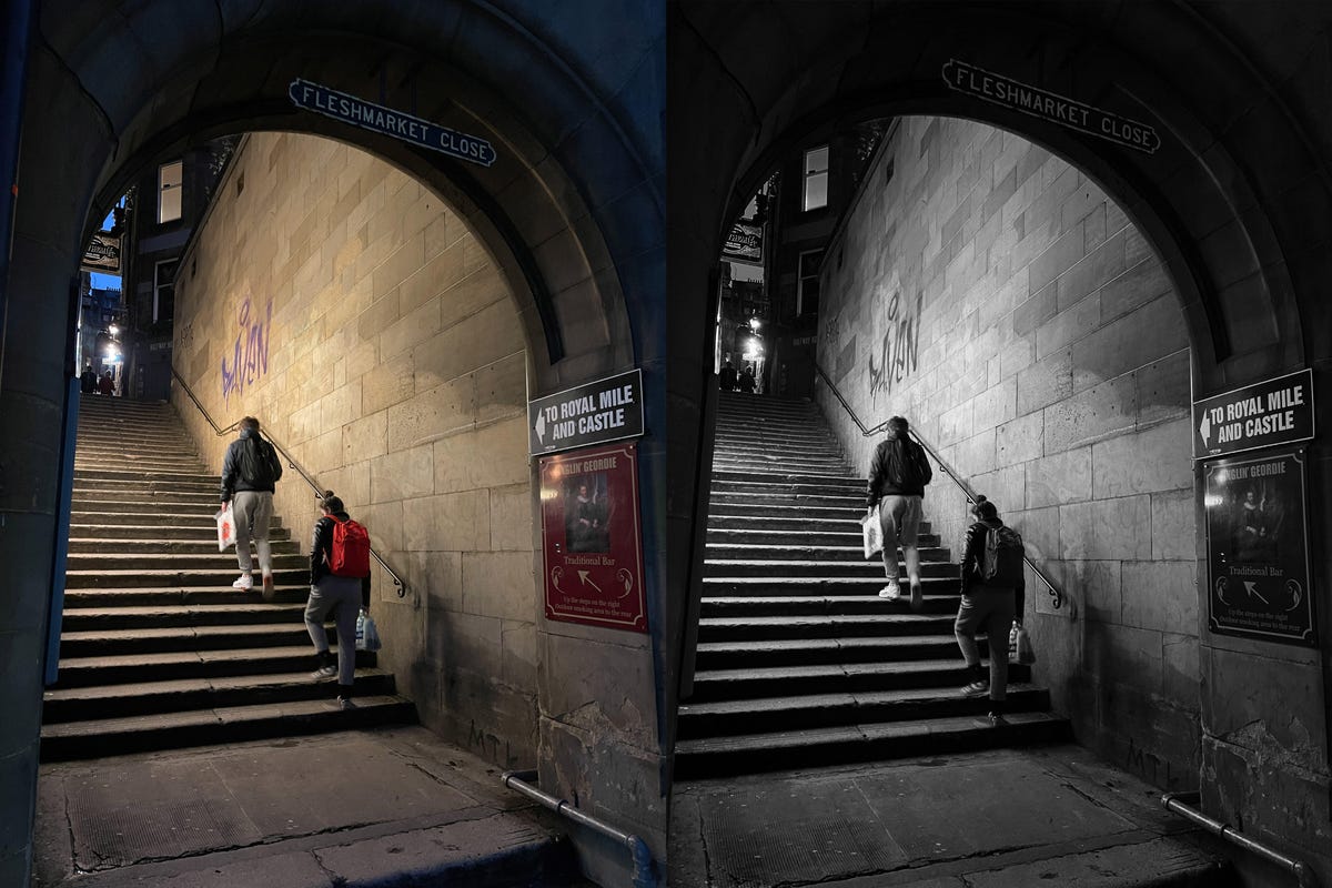 a photo of two people climbing stairs, one version in color, the other in black and white