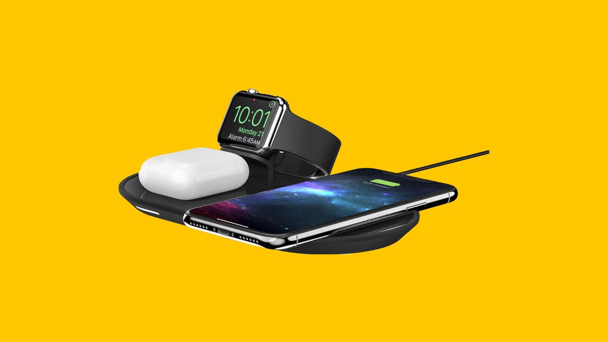 Mophie 3-in-1 wireless charger for Apple devices shown charging Apple Watch, AirPods and iPhone