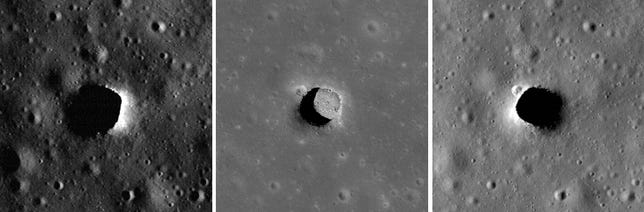 Three shadowy images of the same pit seen in separate images of the moon's surface.