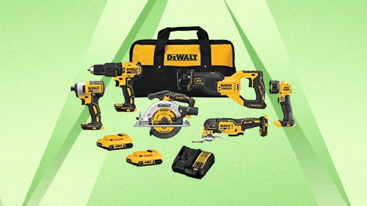 The DeWalt DCK675D2 20V Max brushless 6-tool kit, along with a charger, batteries and a carrying bag are displayed against a green background.