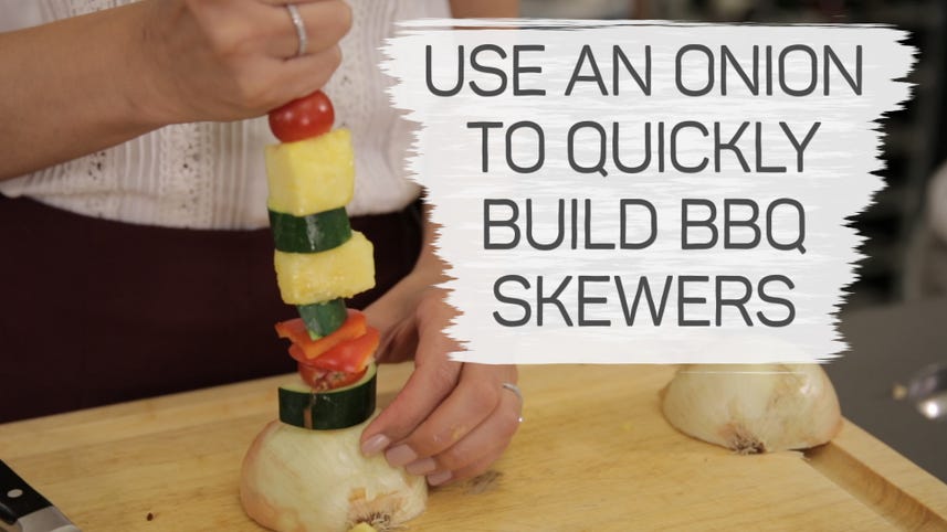 Use an onion to quickly build BBQ skewers