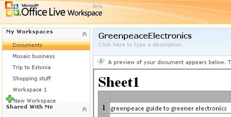 Within a browser, Office Live Workspace lets you preview, not edit, documents.