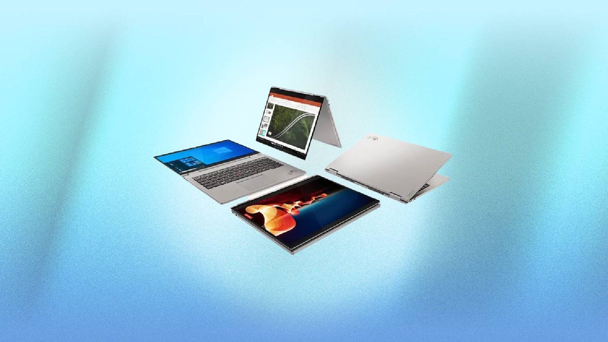 Several different Lenovo laptop against a blue background.