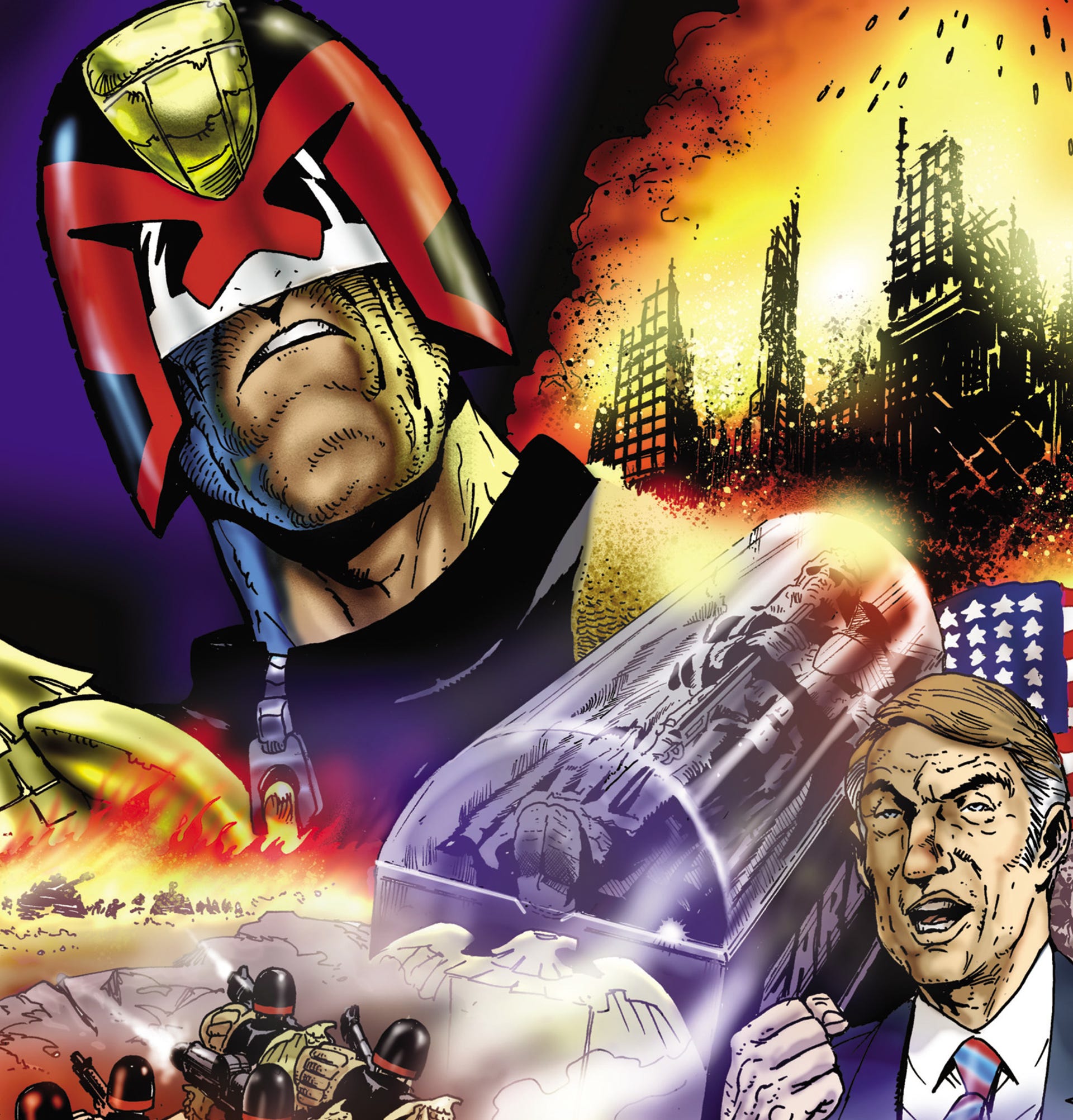 Judge Dredd, a comic book character who wears a menacing black helmet, watches the world burn.