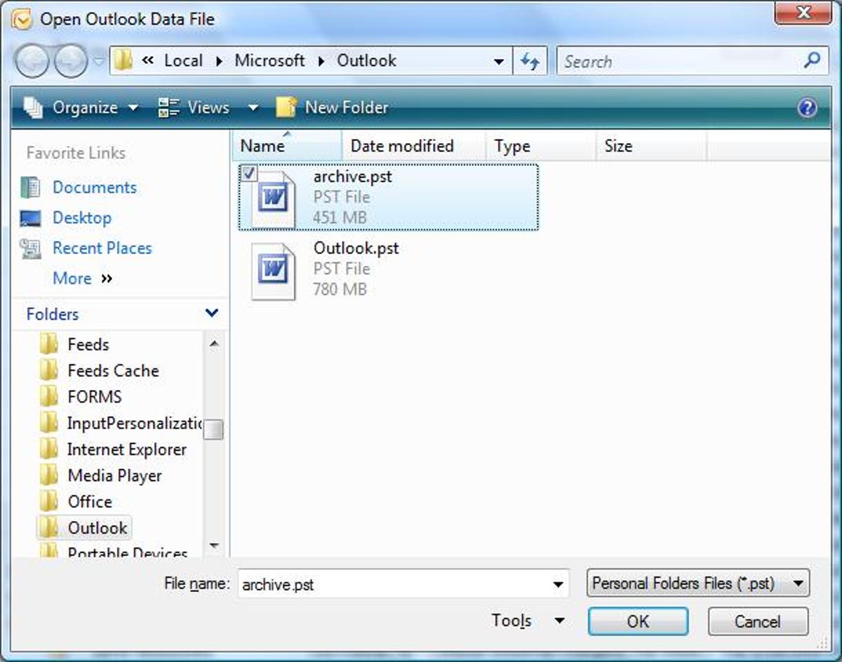 Microsoft Outlook 2007 Open Outlook Data File dialog