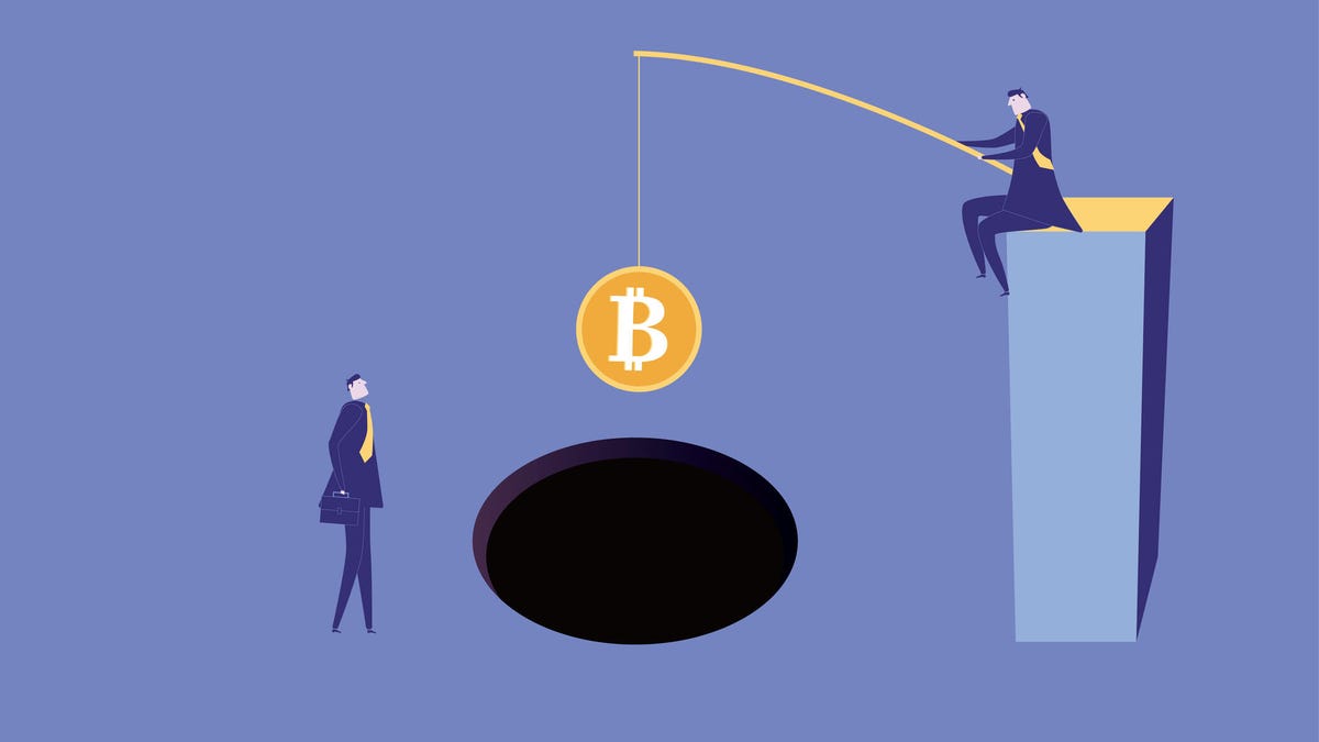 An illustration of someone dangling a Bitcoin on a fishing pole over a hole, trying to tempt another person to grab for it.
