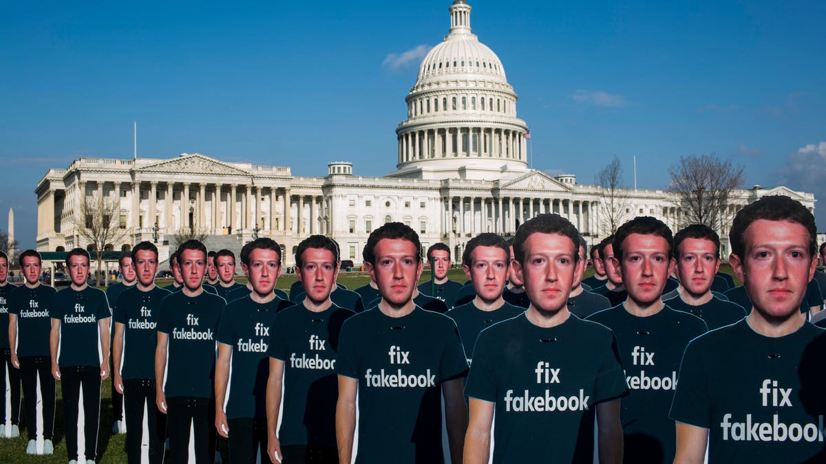 100 life-size cutouts of Facebook CEO Mark Zuckerberg on the Capitol Hill lawn.