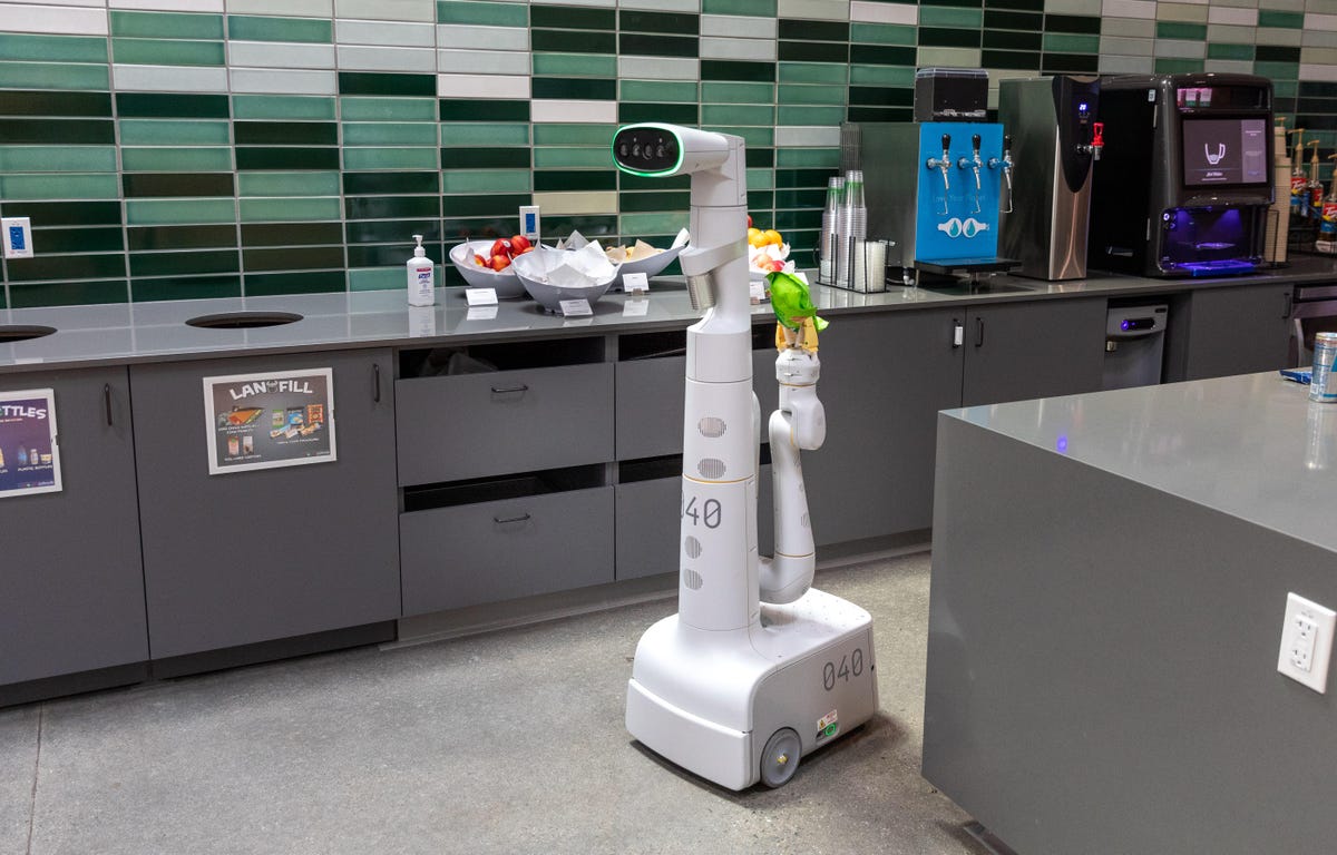 A Google robot carries a bag of chips to a human who requested it