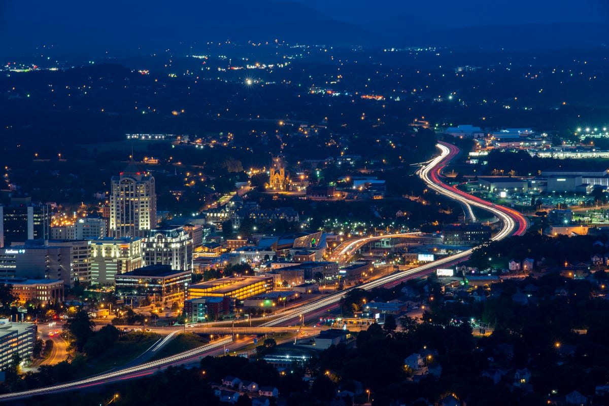 View of Roanoke, Virginia from Mill Mountain Park at night.