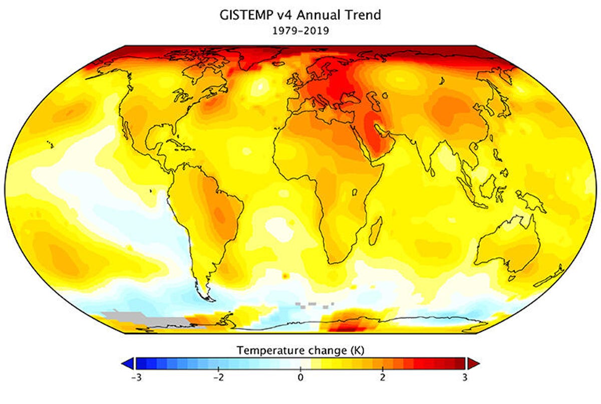 This NASA map shows global temperature increases between 1979 and 2019.