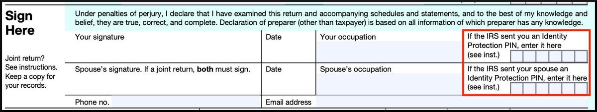 The Sign Here portion of IRS Form 1040 that shows where to enter your IP PIN
