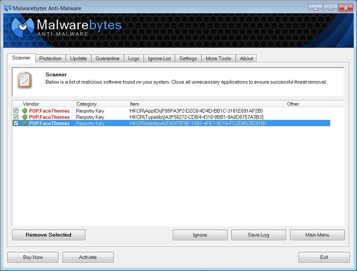 Malwarebytes Anti-Malware scan results