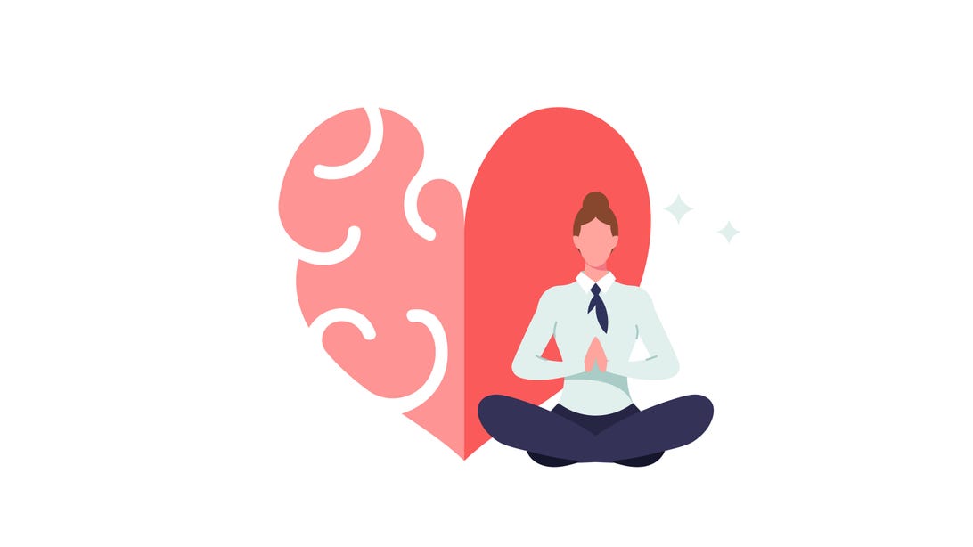 Illustration of woman sitting in front of heart/brain