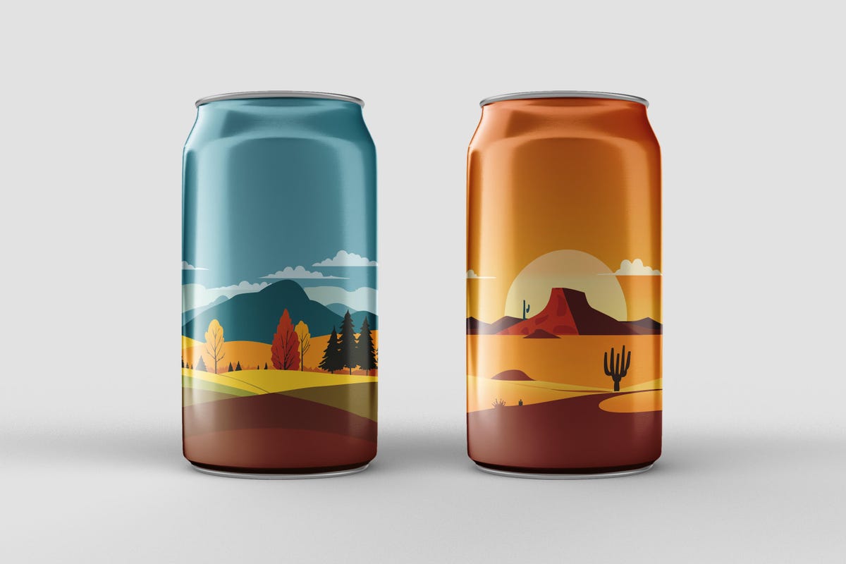 Demonstration images of Adobe Illustrator made by Firefly's generative AI abilities showing two cans with desert scenes
