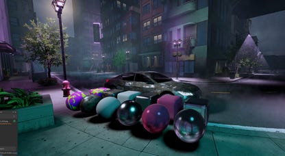 Multi-colored spheres next to a car in a virtual scene from a video game, at night