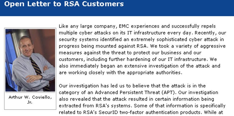 RSA Executive Chairman Art Coviello warns customers about a security breach that affects its SecurID authentication technology.