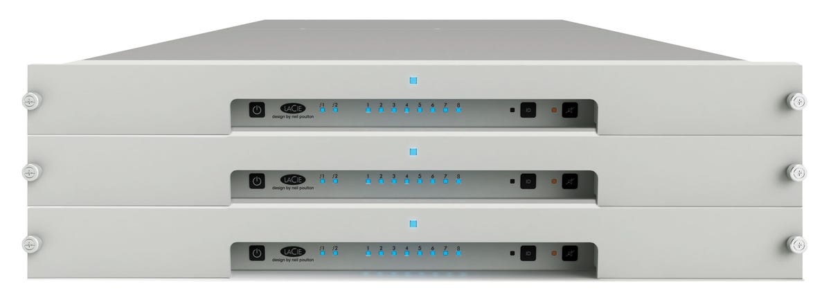LaCie's 8big (with three stacked up in this photo) is a rack-mounted eight-drive storage system with raw capacity up to 48TB. It uses the Thunderbolt 2 interface.