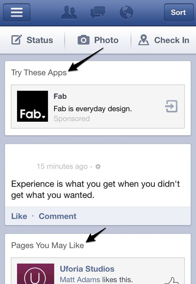 To increase revenue from mobile devices, Facebook has been inserting advertising into the news feed more aggressively.