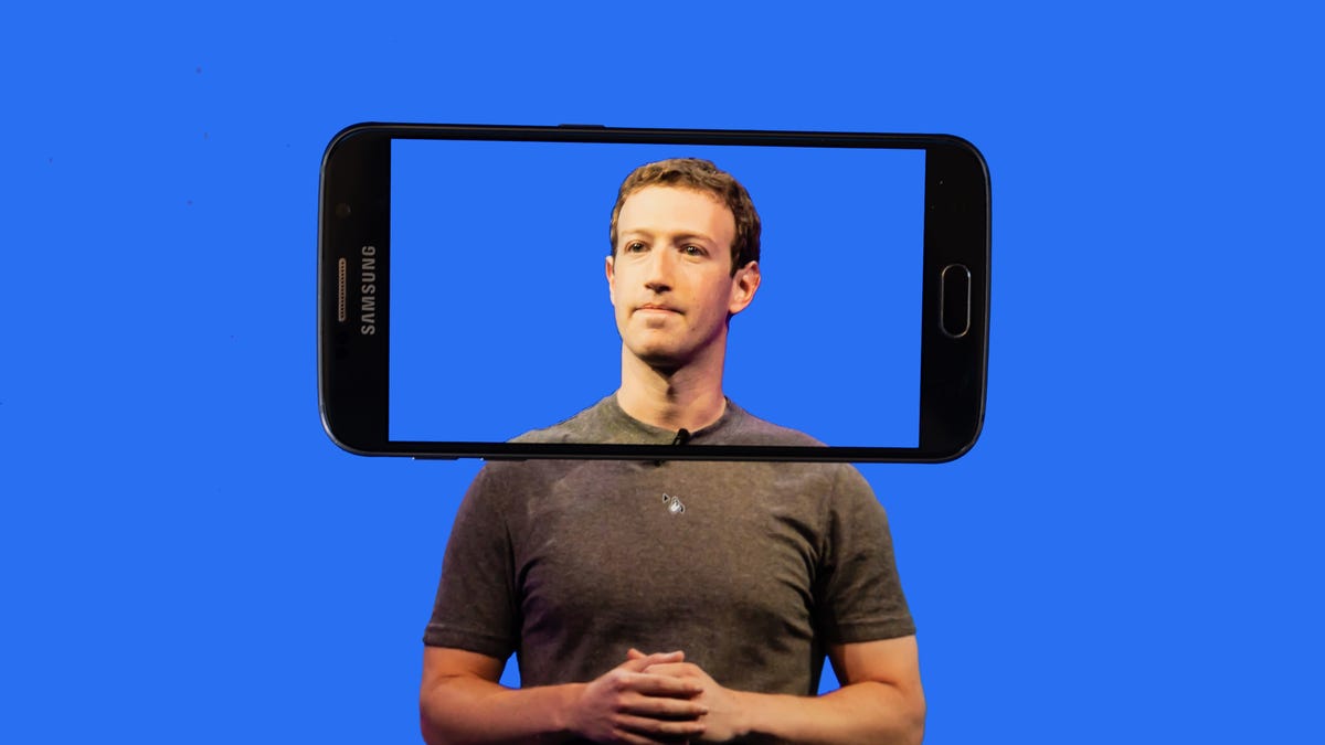 A pensive Mark Zuckerberg, with his head framed in the outline of a smartphone