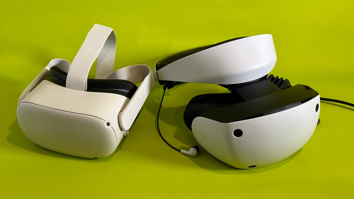 Meta Quest 2 and Sony PSVR 2 headsets on a green background