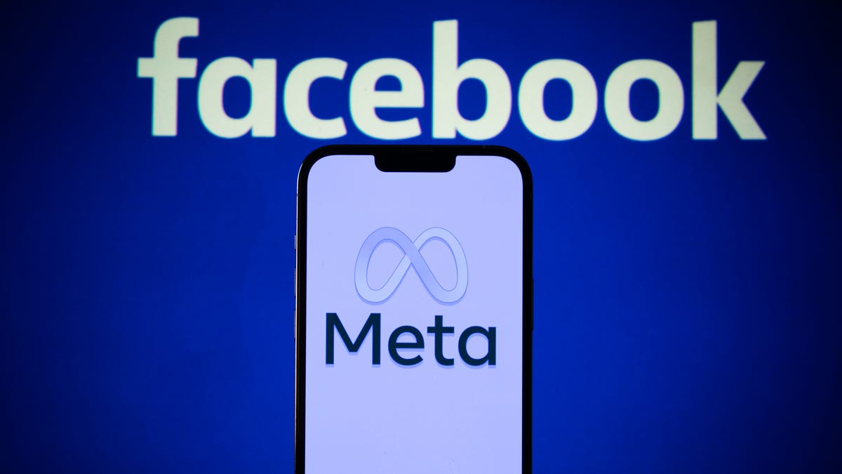 Facebook logo above a phone screen with the Meta logo on it