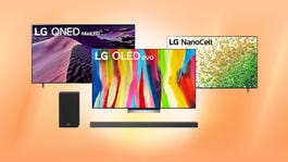 Various LG products including TVs and sound bars are displayed against an orange background.