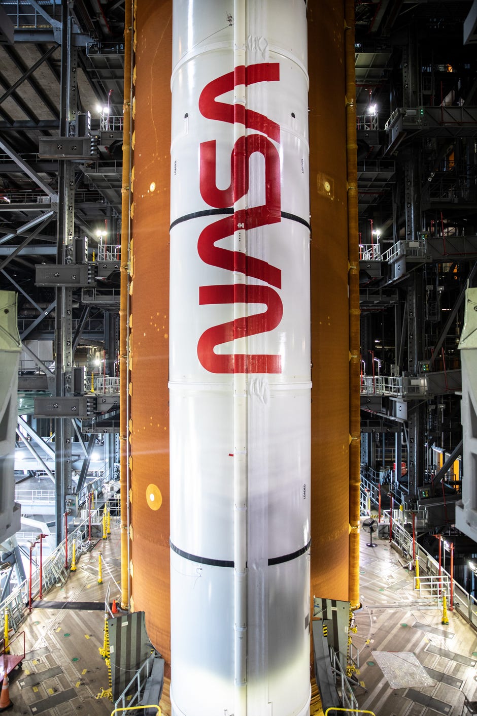 Artemis' SLS boosters with the NASA logo clearly shown.