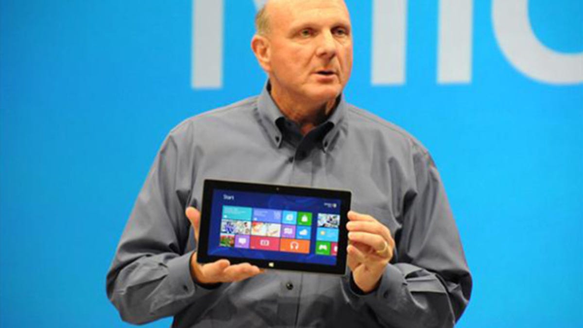 Microsoft&apos;s CEO Steve Ballmer with his company&apos;s Surface tablet.
