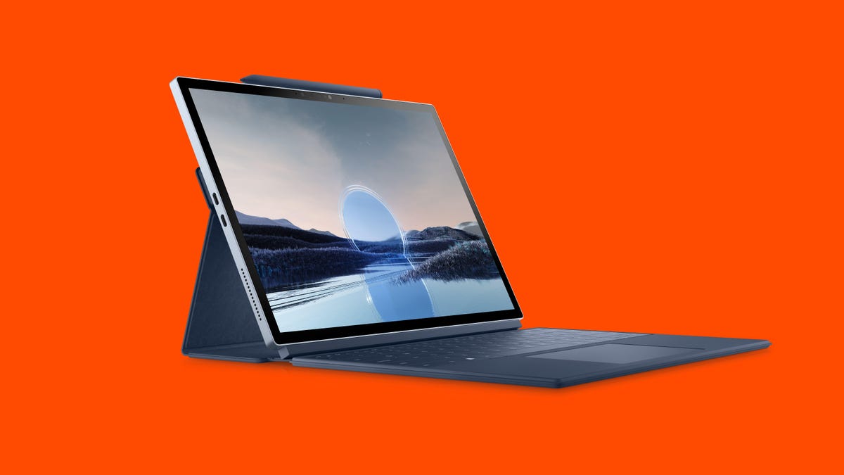 The new Dell XPS 13 2-in-1 with a detachable keyboard, open and facing right on an orange background.
