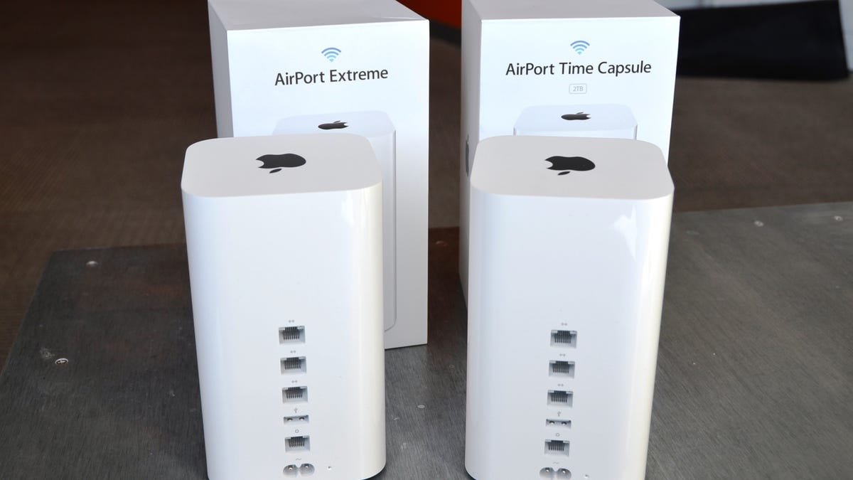 Without the boxes, you can't tell Apple's new AirPort Base Stations apart.