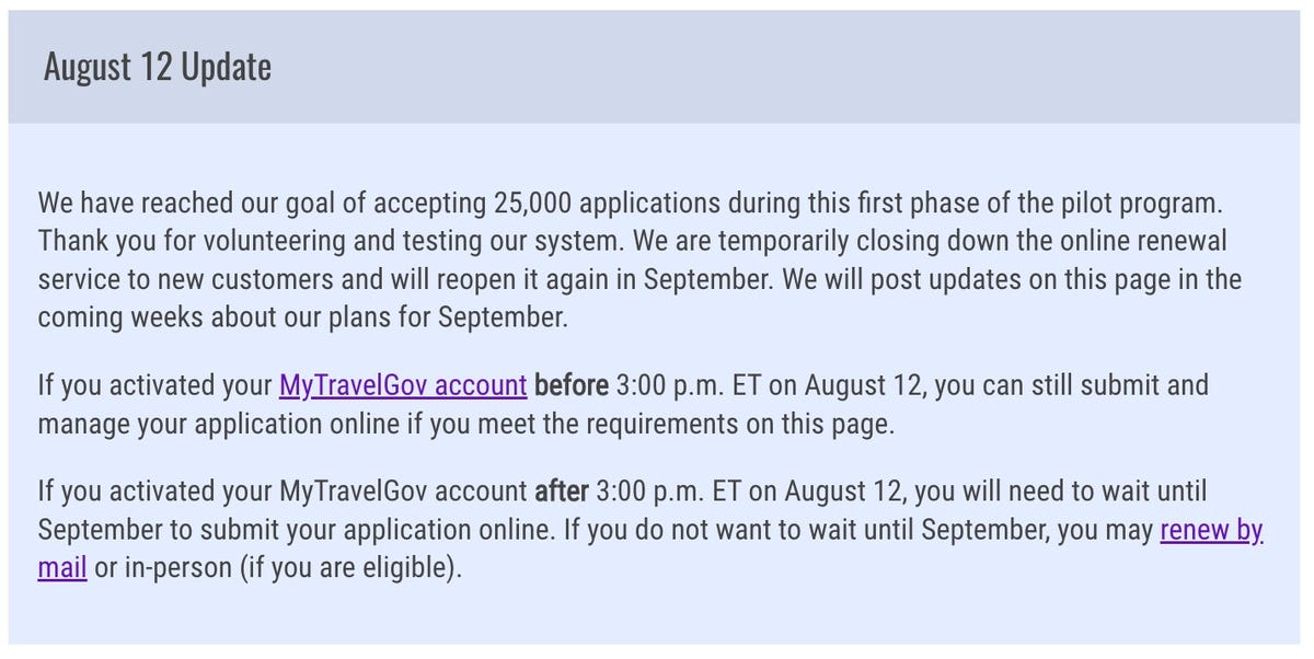 A screenshot of the passport online renewal page explaining that the August pilot program has ended