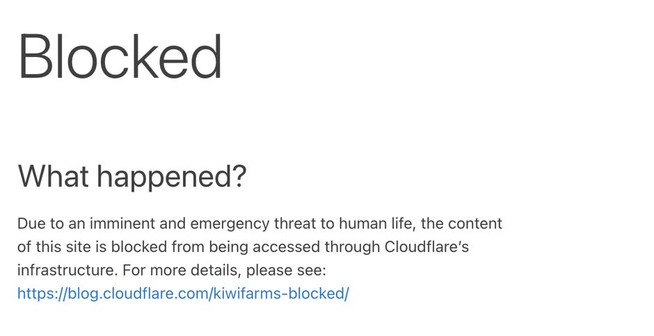 the cloudflare blocked message for kiwi farms