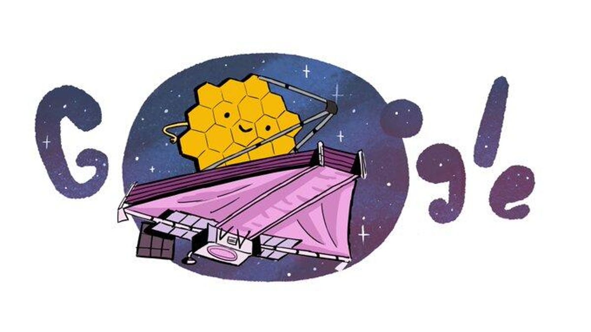 Google Doodle showing cartoon version of Webb telescope against a stylized Google logo.