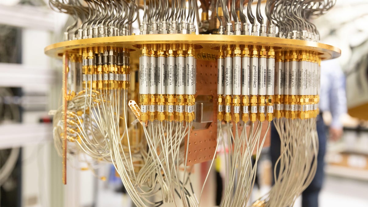 A Google quantum computer made of gleaming bundles of metal coaxial cables
