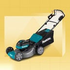 The Makita 40-Volt max XGT cordless 21-inch walk behind self-propelled commercial lawnmower is displayed against a yellow background.