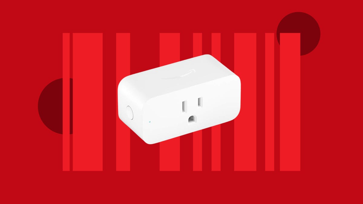 An Amazon Smart Plug is displayed against a red background.