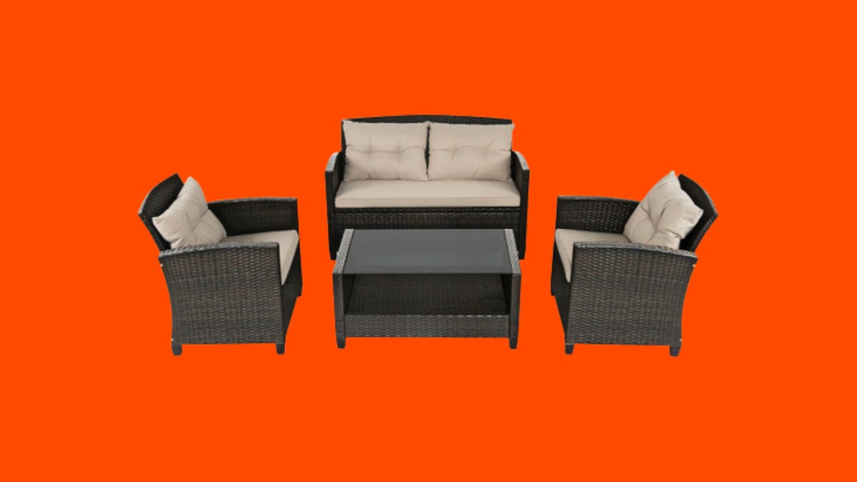 A Costway Patio couch and two patio chairs against an orange background.