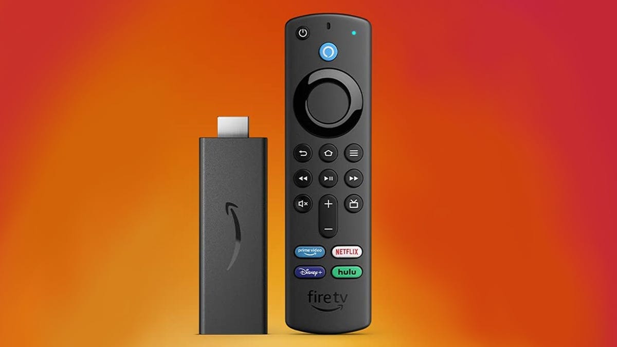 The Fire TV Stick 2020 model and its companion remote with Alexa are standing upright in a promo shot.