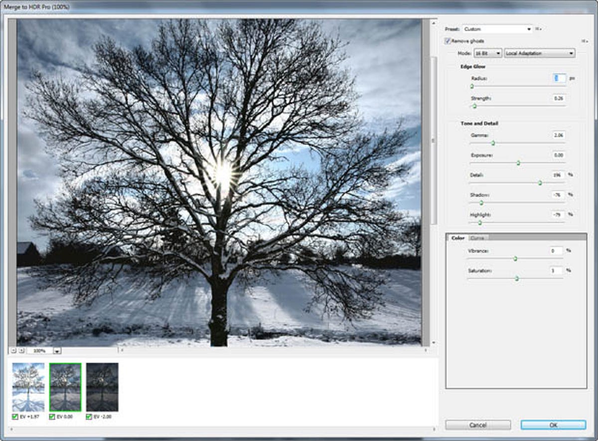 Photoshop CS5 can combine multiple exposures into a single high-dynamic range, then let the user fine-tune the result.