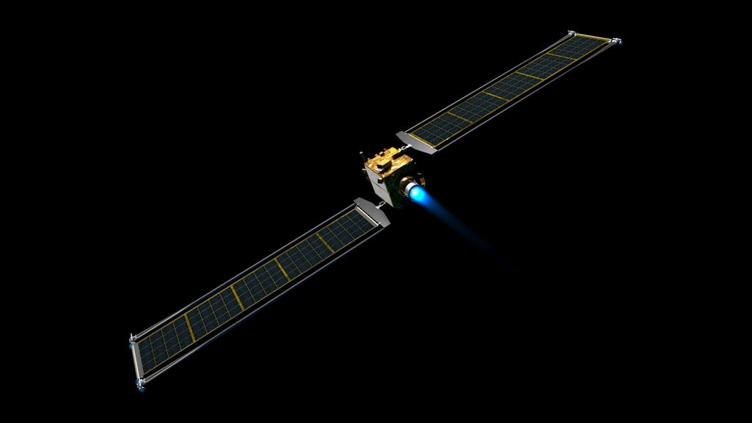 Illustration of the DART spacecraft with its rollout solar arrays extended