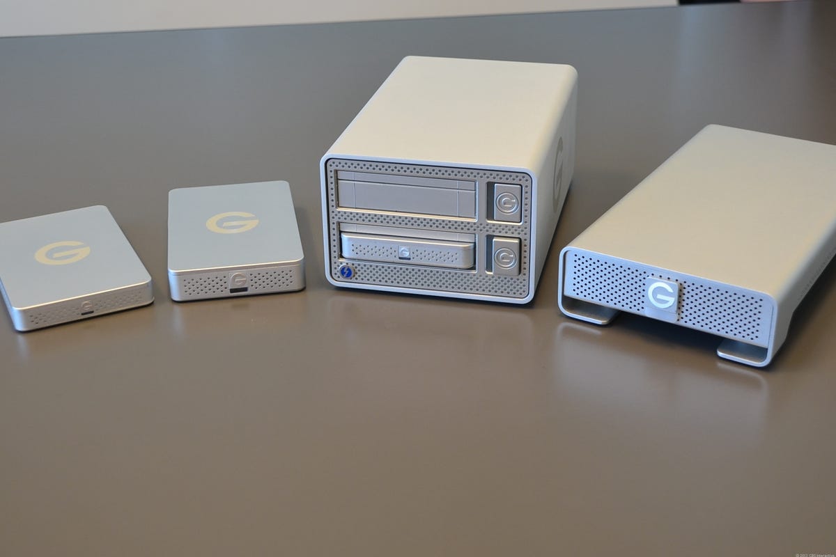 G-Technology's new storage offerings. From left to right, the G-Drive Ev module, the G-Drive Ev Plus module, the Thunderbolt G-Dock, and the new Thunderbolt G-Drive.